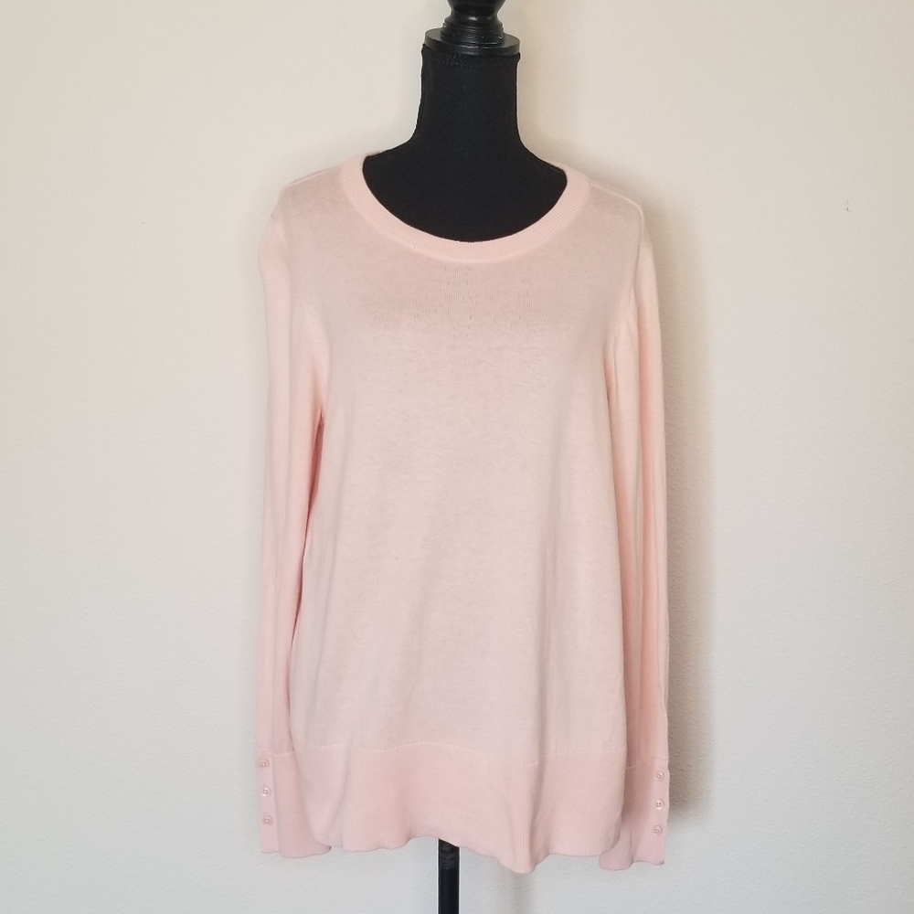 Halogen Sweater Cotton Blend Long Sleeve Crew Neck Buttons On Cuffs Shell Pink